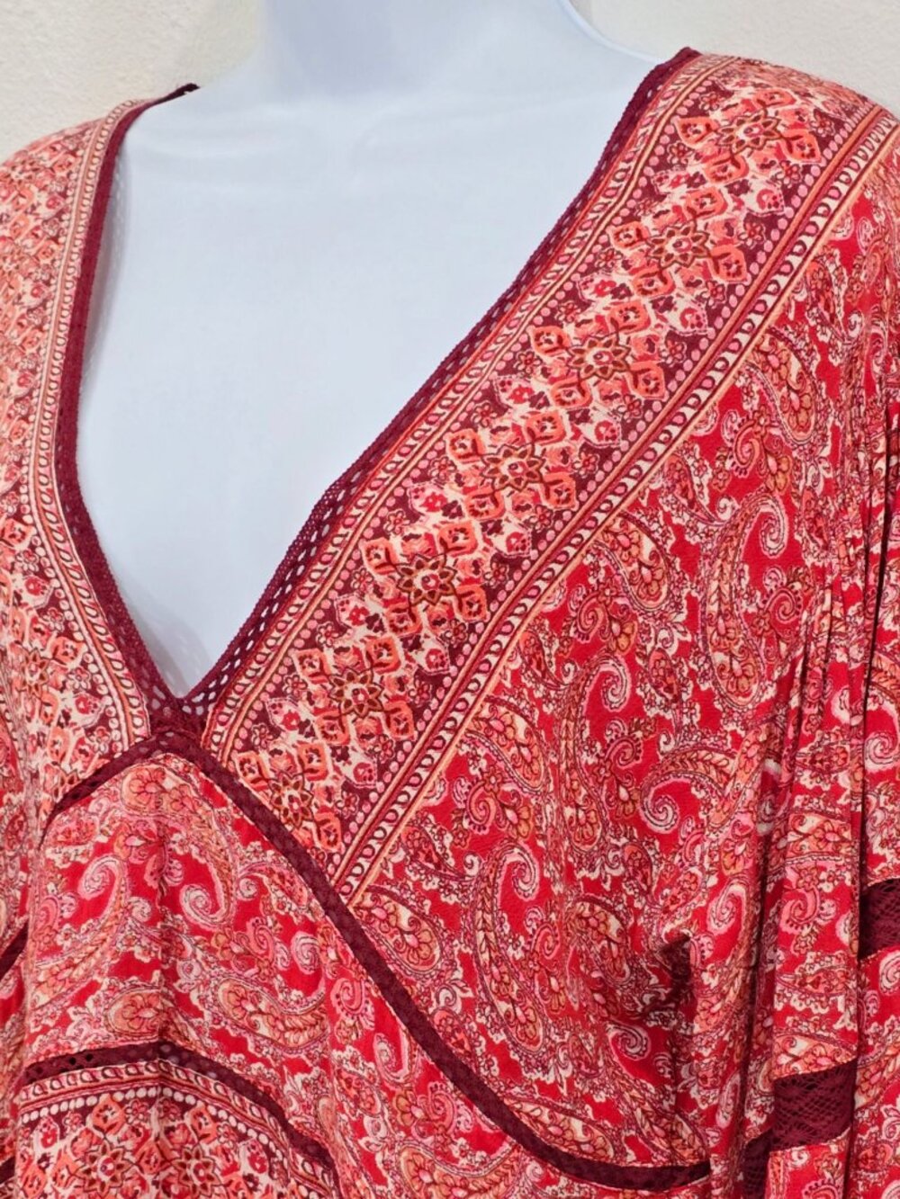 Free People ✦ Paisley Babydoll Tunic Dress ✦ Red Orange Oversized Boho Festival - Picture 11 of 13